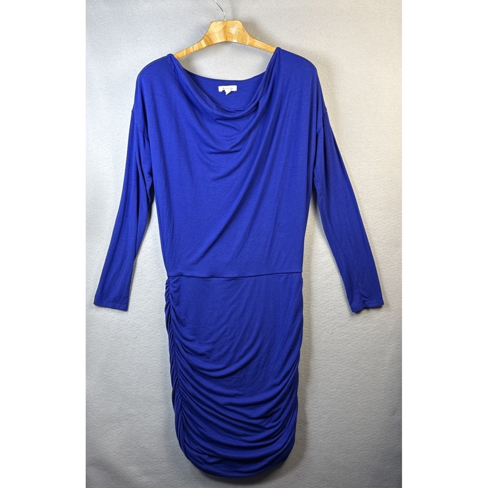 Athleta Solstice Blue Cowl Neck Ruched Long Sleeve Stretchy Dress‎ Size M Chic